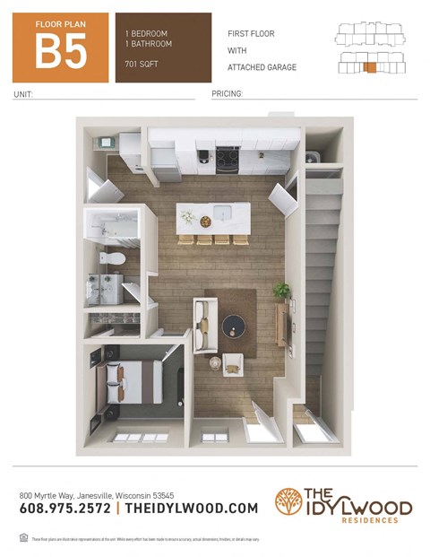 Floor plan for 1 bed, 1 bath, 782 sqft